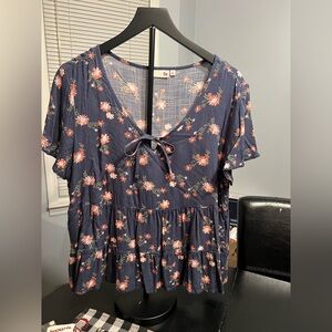 SO Navy Floral Blouse with Tie-Front
